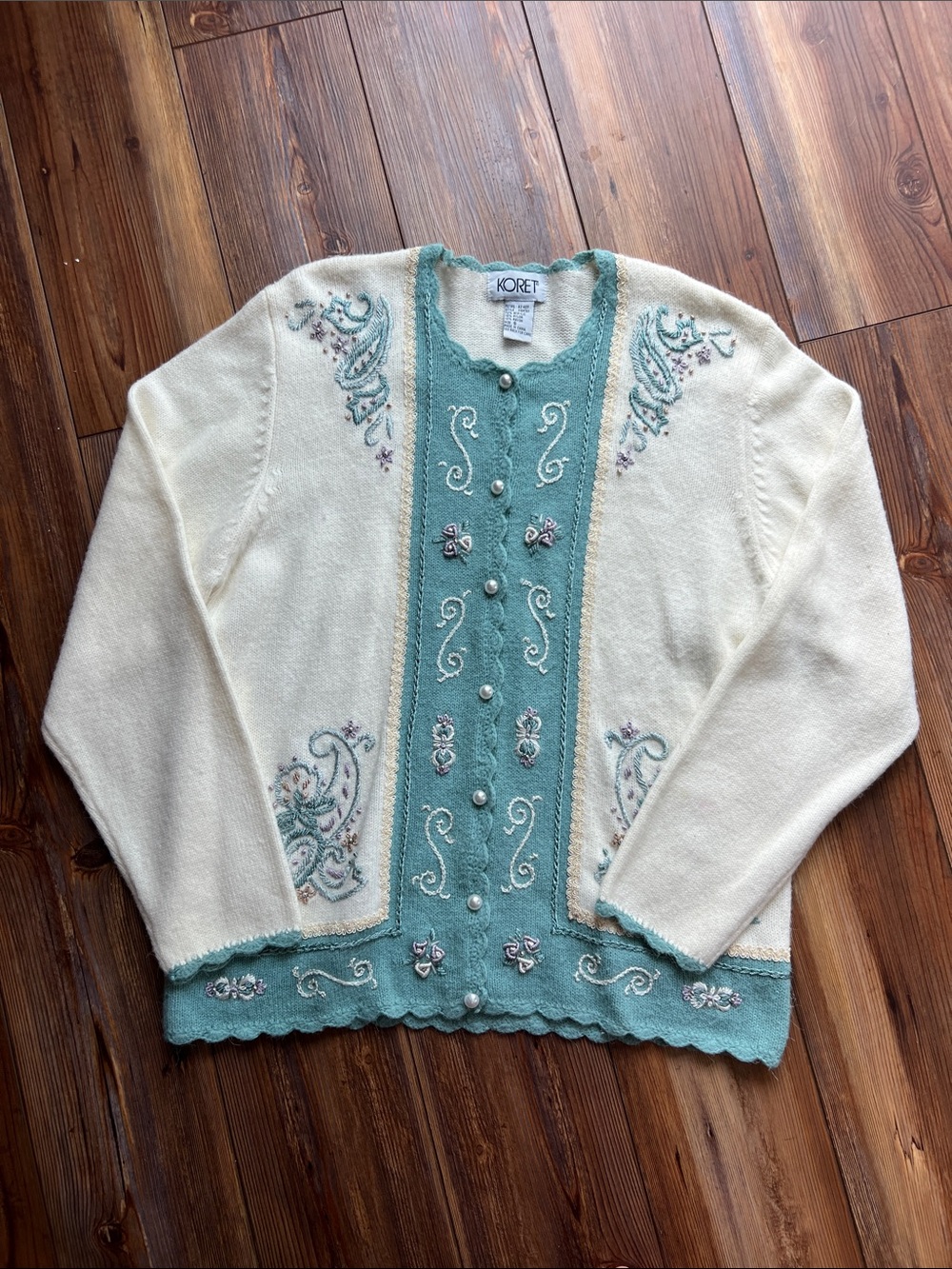 Koret Cream Cardigan with Mint Embroidered Center Panel